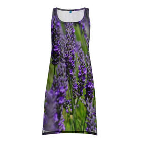 Платье-майка 3D с принтом Лаванда в Тюмени, 100% полиэстер | полуприлегающий силуэт, широкие бретели, круглый вырез горловины, удлиненный подол сзади. | зеленый | зелень | лаванда | лето | поле | природа | синий | цветы