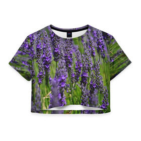 Женская футболка 3D укороченная с принтом Лаванда в Тюмени, 100% полиэстер | круглая горловина, длина футболки до линии талии, рукава с отворотами | зеленый | зелень | лаванда | лето | поле | природа | синий | цветы