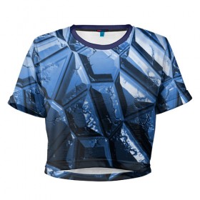 Женская футболка 3D укороченная с принтом Каменная кладка синяя в Тюмени, 100% полиэстер | круглая горловина, длина футболки до линии талии, рукава с отворотами | камень | синий | текстура