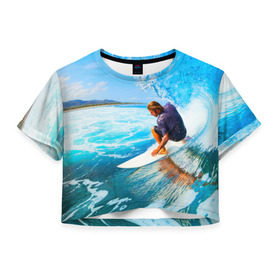 Женская футболка 3D укороченная с принтом Лето в Тюмени, 100% полиэстер | круглая горловина, длина футболки до линии талии, рукава с отворотами | берег | волна | лето | море | отдых | серфинг