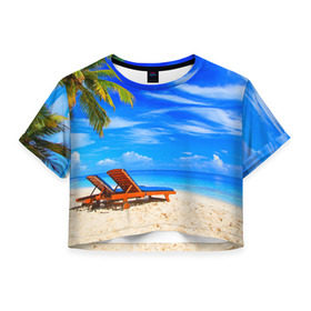 Женская футболка 3D укороченная с принтом Лето в Тюмени, 100% полиэстер | круглая горловина, длина футболки до линии талии, рукава с отворотами | берег | лето | море | отдых