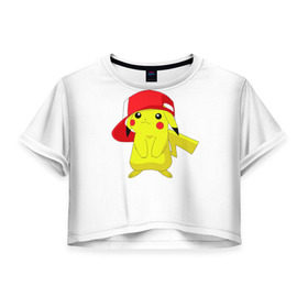 Женская футболка 3D укороченная с принтом Pika в Тюмени, 100% полиэстер | круглая горловина, длина футболки до линии талии, рукава с отворотами | bulbasaur | pikachu | pokemon | squirtle | бальбазар | пикачу | покемон | сквиртл