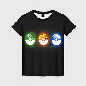 Женская футболка 3D с принтом Awaits в Тюмени, 100% полиэфир ( синтетическое хлопкоподобное полотно) | прямой крой, круглый вырез горловины, длина до линии бедер | bulbasaur | pikachu | pokemon | squirtle | бальбазар | пикачу | покемон | сквиртл