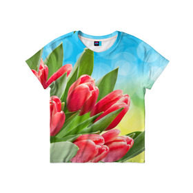 Детская футболка 3D с принтом Полевые тюльпаны в Тюмени, 100% гипоаллергенный полиэфир | прямой крой, круглый вырез горловины, длина до линии бедер, чуть спущенное плечо, ткань немного тянется | арт | краска | лето | лучи | любовь | новинки | популярные | природа | рисунки | свет | цветы