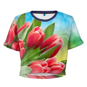 Женская футболка 3D укороченная с принтом Полевые тюльпаны в Тюмени, 100% полиэстер | круглая горловина, длина футболки до линии талии, рукава с отворотами | арт | краска | лето | лучи | любовь | новинки | популярные | природа | рисунки | свет | цветы