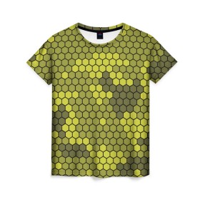 Женская футболка 3D с принтом Кибер камуфляж 8 в Тюмени, 100% полиэфир ( синтетическое хлопкоподобное полотно) | прямой крой, круглый вырез горловины, длина до линии бедер | желтый | соты