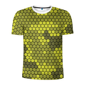Мужская футболка 3D спортивная с принтом Кибер камуфляж 8 в Тюмени, 100% полиэстер с улучшенными характеристиками | приталенный силуэт, круглая горловина, широкие плечи, сужается к линии бедра | желтый | соты