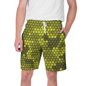 Мужские шорты 3D с принтом Кибер камуфляж 8 в Тюмени,  полиэстер 100% | прямой крой, два кармана без застежек по бокам. Мягкая трикотажная резинка на поясе, внутри которой широкие завязки. Длина чуть выше колен | желтый | соты