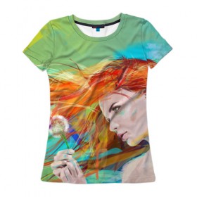 Женская футболка 3D с принтом Летняя пора в Тюмени, 100% полиэфир ( синтетическое хлопкоподобное полотно) | прямой крой, круглый вырез горловины, длина до линии бедер | lineking | вектор | волосы на ветру | девушка | краски | модель | одуванчик | рыжая