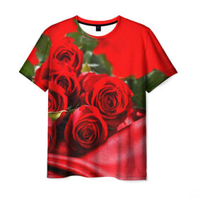Мужская футболка 3D с принтом Розы в Тюмени, 100% полиэфир | прямой крой, круглый вырез горловины, длина до линии бедер | букет | красная | лепесток | разноцветная | роза | цветок