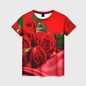 Женская футболка 3D с принтом Розы в Тюмени, 100% полиэфир ( синтетическое хлопкоподобное полотно) | прямой крой, круглый вырез горловины, длина до линии бедер | букет | красная | лепесток | разноцветная | роза | цветок