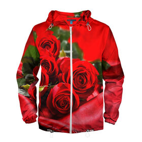 Мужская ветровка 3D с принтом Розы в Тюмени, 100% полиэстер | подол и капюшон оформлены резинкой с фиксаторами, два кармана без застежек по бокам, один потайной карман на груди | букет | красная | лепесток | разноцветная | роза | цветок