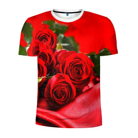 Мужская футболка 3D спортивная с принтом Розы в Тюмени, 100% полиэстер с улучшенными характеристиками | приталенный силуэт, круглая горловина, широкие плечи, сужается к линии бедра | букет | красная | лепесток | разноцветная | роза | цветок
