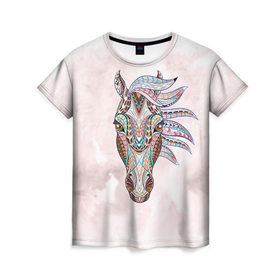 Женская футболка 3D с принтом Конь 2 в Тюмени, 100% полиэфир ( синтетическое хлопкоподобное полотно) | прямой крой, круглый вырез горловины, длина до линии бедер | конь | лошадь