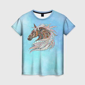 Женская футболка 3D с принтом Конь в Тюмени, 100% полиэфир ( синтетическое хлопкоподобное полотно) | прямой крой, круглый вырез горловины, длина до линии бедер | конь | лошадь