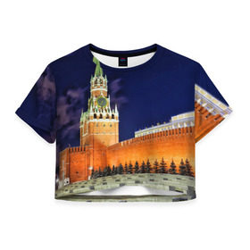 Женская футболка 3D укороченная с принтом Кремль в Тюмени, 100% полиэстер | круглая горловина, длина футболки до линии талии, рукава с отворотами | moscow | russia | гордость | кремль | москва | отечество | родина | россия | столица