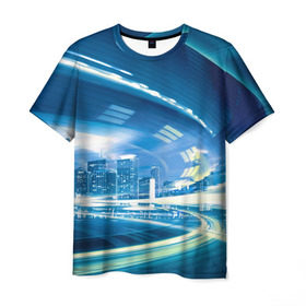 Мужская футболка 3D с принтом Мегаполис в Тюмени, 100% полиэфир | прямой крой, круглый вырез горловины, длина до линии бедер | night city | высотки | город | движение | мегаполис | неоновый свет | ночная жизнь | ночной город | огни | поток | столица | трафик