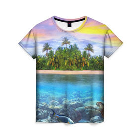 Женская футболка 3D с принтом Мальдивы в Тюмени, 100% полиэфир ( синтетическое хлопкоподобное полотно) | прямой крой, круглый вырез горловины, длина до линии бедер | загар | каникулы | мальдивские острова | мальдивы | отдых | отпуск | пляж | приключения | солнце | туризм