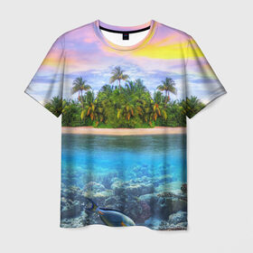 Мужская футболка 3D с принтом Мальдивы в Тюмени, 100% полиэфир | прямой крой, круглый вырез горловины, длина до линии бедер | Тематика изображения на принте: загар | каникулы | мальдивские острова | мальдивы | отдых | отпуск | пляж | приключения | солнце | туризм