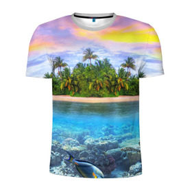 Мужская футболка 3D спортивная с принтом Мальдивы в Тюмени, 100% полиэстер с улучшенными характеристиками | приталенный силуэт, круглая горловина, широкие плечи, сужается к линии бедра | Тематика изображения на принте: загар | каникулы | мальдивские острова | мальдивы | отдых | отпуск | пляж | приключения | солнце | туризм