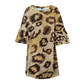 Детское платье 3D с принтом Леопардовая ткань в Тюмени, 100% полиэстер | прямой силуэт, чуть расширенный к низу. Круглая горловина, на рукавах — воланы | гепард | гламур | леопард | мода | пятна | роскошь | ткань | точки | шерсть