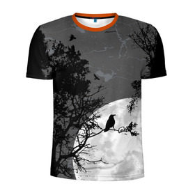 Мужская футболка 3D спортивная с принтом Черный ворон в Тюмени, 100% полиэстер с улучшенными характеристиками | приталенный силуэт, круглая горловина, широкие плечи, сужается к линии бедра | ворон | луна | новинки | ночь | полнолуние | природа | птица