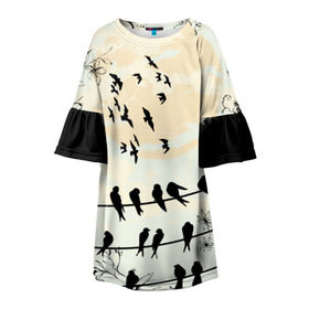 Детское платье 3D с принтом Темная стая в Тюмени, 100% полиэстер | прямой силуэт, чуть расширенный к низу. Круглая горловина, на рукавах — воланы | Тематика изображения на принте: ворон | закат | ласточки | новинки | популярное | птицы | темнота
