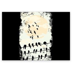 Поздравительная открытка с принтом Темная стая в Тюмени, 100% бумага | плотность бумаги 280 г/м2, матовая, на обратной стороне линовка и место для марки
 | Тематика изображения на принте: ворон | закат | ласточки | новинки | популярное | птицы | темнота
