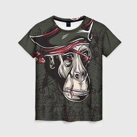 Женская футболка 3D с принтом Старый пират в Тюмени, 100% полиэфир ( синтетическое хлопкоподобное полотно) | прямой крой, круглый вырез горловины, длина до линии бедер | обезьяна | шимпанзе