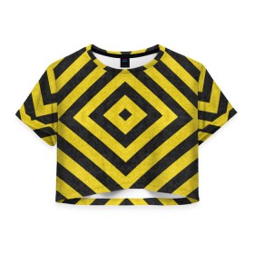 Женская футболка 3D укороченная с принтом Чёрные и Жёлтые Квадраты в Тюмени, 100% полиэстер | круглая горловина, длина футболки до линии талии, рукава с отворотами | жёлтый | квадрат | полосы | текстура | узор | чёрный