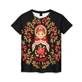 Женская футболка 3D с принтом Матрешка в Тюмени, 100% полиэфир ( синтетическое хлопкоподобное полотно) | прямой крой, круглый вырез горловины, длина до линии бедер | flowers | matryoshka | russian | роспись | русская | цветы