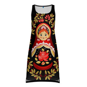 Платье-майка 3D с принтом Матрешка в Тюмени, 100% полиэстер | полуприлегающий силуэт, широкие бретели, круглый вырез горловины, удлиненный подол сзади. | flowers | matryoshka | russian | роспись | русская | цветы