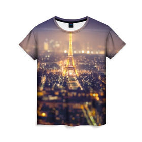 Женская футболка 3D с принтом Эйфелева башня в Тюмени, 100% полиэфир ( синтетическое хлопкоподобное полотно) | прямой крой, круглый вырез горловины, длина до линии бедер | sity | блики | город | европа | ночь | париж | романтика | свет | эйфелева башня
