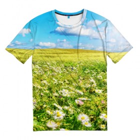 Мужская футболка 3D с принтом Ромашковый ковёр в Тюмени, 100% полиэфир | прямой крой, круглый вырез горловины, длина до линии бедер | Тематика изображения на принте: горизонт | зелень | небо | облака | поле | поляна | ромашки | солнце | цветы