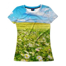 Женская футболка 3D с принтом Ромашковый ковёр в Тюмени, 100% полиэфир ( синтетическое хлопкоподобное полотно) | прямой крой, круглый вырез горловины, длина до линии бедер | горизонт | зелень | небо | облака | поле | поляна | ромашки | солнце | цветы