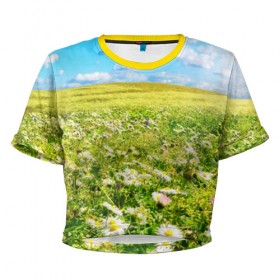 Женская футболка 3D укороченная с принтом Ромашковый ковёр в Тюмени, 100% полиэстер | круглая горловина, длина футболки до линии талии, рукава с отворотами | горизонт | зелень | небо | облака | поле | поляна | ромашки | солнце | цветы