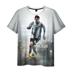 Мужская футболка 3D с принтом Leo Messi в Тюмени, 100% полиэфир | прямой крой, круглый вырез горловины, длина до линии бедер | Тематика изображения на принте: barselona | messi | аргентина | барселона | месси | мяч | футбол