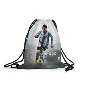 Рюкзак-мешок 3D с принтом Leo Messi в Тюмени, 100% полиэстер | плотность ткани — 200 г/м2, размер — 35 х 45 см; лямки — толстые шнурки, застежка на шнуровке, без карманов и подкладки | barselona | messi | аргентина | барселона | месси | мяч | футбол