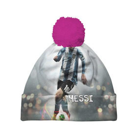 Шапка 3D c помпоном с принтом Leo Messi в Тюмени, 100% полиэстер | универсальный размер, печать по всей поверхности изделия | barselona | messi | аргентина | барселона | месси | мяч | футбол
