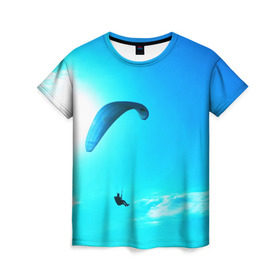Женская футболка 3D с принтом Прыжок в Тюмени, 100% полиэфир ( синтетическое хлопкоподобное полотно) | прямой крой, круглый вырез горловины, длина до линии бедер | парашют | прыжок | синяя