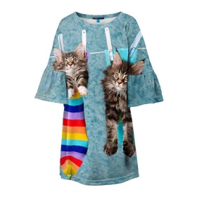 Детское платье 3D с принтом Мейн-кун 1 в Тюмени, 100% полиэстер | прямой силуэт, чуть расширенный к низу. Круглая горловина, на рукавах — воланы | кот | котенок | котик | котэ | кошка | мейн кун | мейнкун | мэйн кун | мэйнкун