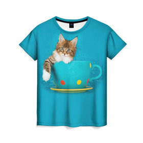 Женская футболка 3D с принтом Мейн-кун 4 в Тюмени, 100% полиэфир ( синтетическое хлопкоподобное полотно) | прямой крой, круглый вырез горловины, длина до линии бедер | кот | котенок | котик | котэ | кошка | мейн кун | мейнкун | мэйн кун | мэйнкун