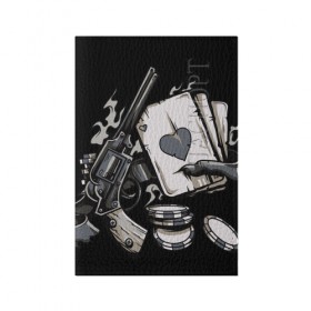 Обложка для паспорта матовая кожа с принтом Смертельная игра в Тюмени, натуральная матовая кожа | размер 19,3 х 13,7 см; прозрачные пластиковые крепления | карты | пистолет | покер | ствол