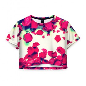 Женская футболка 3D укороченная с принтом Розовые розы в Тюмени, 100% полиэстер | круглая горловина, длина футболки до линии талии, рукава с отворотами | лепестки | цветы