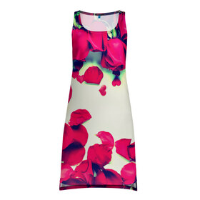 Платье-майка 3D с принтом Розовые розы в Тюмени, 100% полиэстер | полуприлегающий силуэт, широкие бретели, круглый вырез горловины, удлиненный подол сзади. | лепестки | цветы