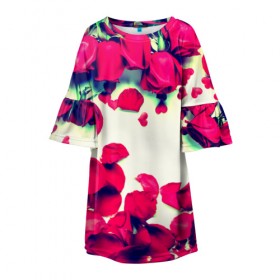 Детское платье 3D с принтом Розовые розы в Тюмени, 100% полиэстер | прямой силуэт, чуть расширенный к низу. Круглая горловина, на рукавах — воланы | Тематика изображения на принте: лепестки | цветы