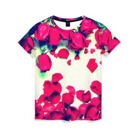 Женская футболка 3D с принтом Розовые розы в Тюмени, 100% полиэфир ( синтетическое хлопкоподобное полотно) | прямой крой, круглый вырез горловины, длина до линии бедер | лепестки | цветы
