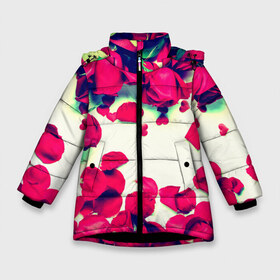 Зимняя куртка для девочек 3D с принтом Розовые розы в Тюмени, ткань верха — 100% полиэстер; подклад — 100% полиэстер, утеплитель — 100% полиэстер. | длина ниже бедра, удлиненная спинка, воротник стойка и отстегивающийся капюшон. Есть боковые карманы с листочкой на кнопках, утяжки по низу изделия и внутренний карман на молнии. 

Предусмотрены светоотражающий принт на спинке, радужный светоотражающий элемент на пуллере молнии и на резинке для утяжки. | лепестки | цветы
