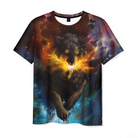 Мужская футболка 3D с принтом Космоволк в Тюмени, 100% полиэфир | прямой крой, круглый вырез горловины, длина до линии бедер | Тематика изображения на принте: волк | вселенная | галактика | звёзды | космос | оскал | пламя | созвездие