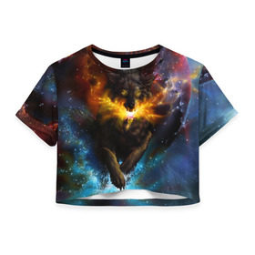 Женская футболка 3D укороченная с принтом Космоволк в Тюмени, 100% полиэстер | круглая горловина, длина футболки до линии талии, рукава с отворотами | волк | вселенная | галактика | звёзды | космос | оскал | пламя | созвездие